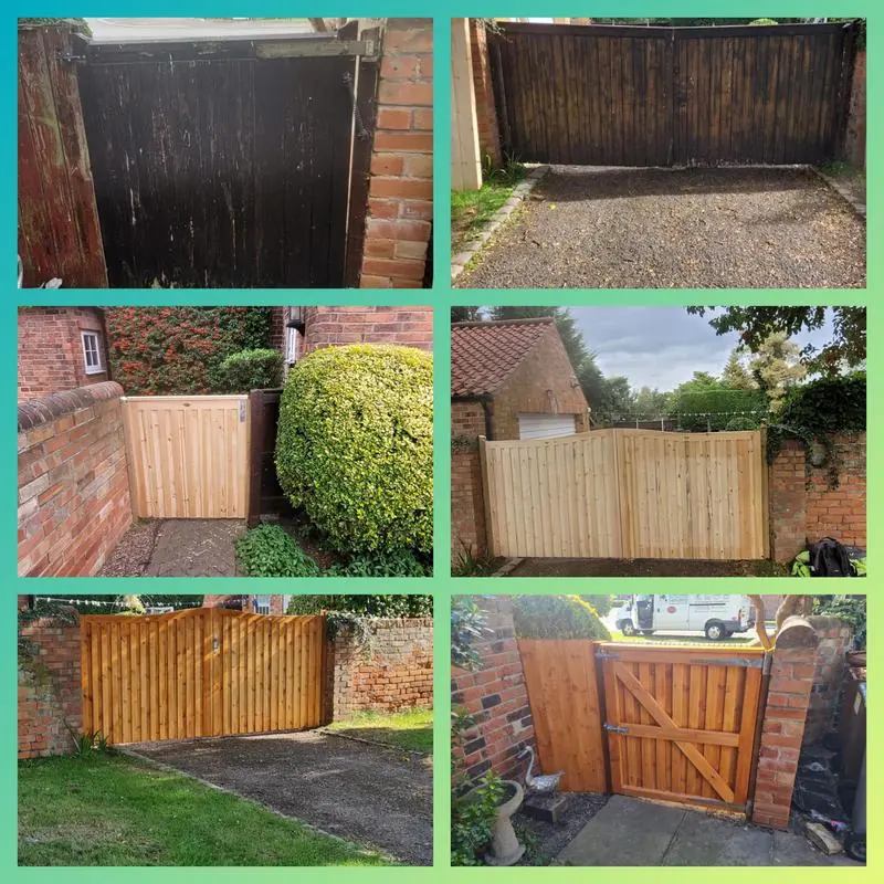 Old gates removed, new ones hung and stained