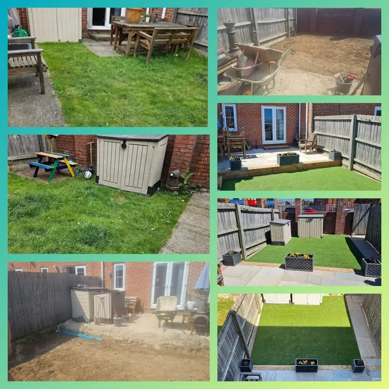 Sleeper retaining wall, artificial grass and an Indian sandstone patio